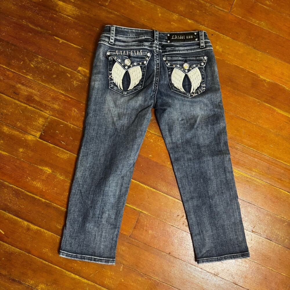 Vintage Y2K Embellished Capri Jeans Low Rise Denim Wings Rare 29
